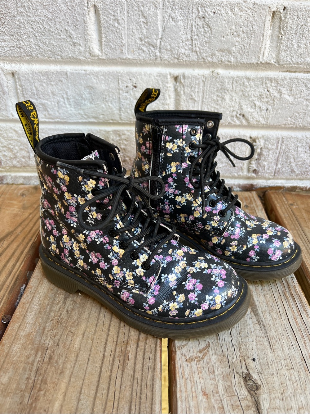 Dr. Martens Delaney Black Floral Lace-Up Zipper Ankle Boots